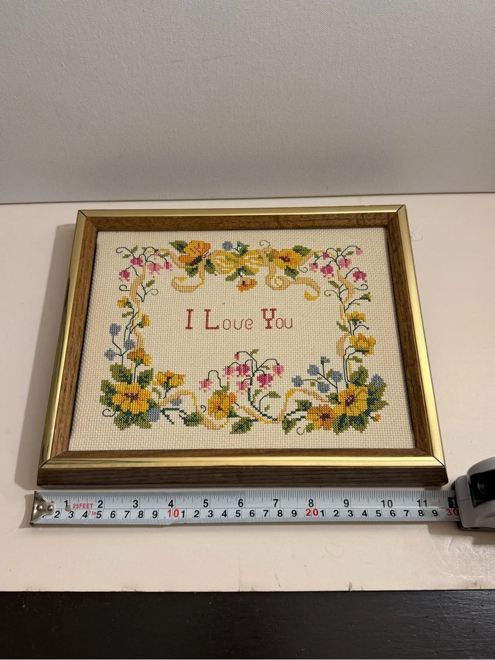 Framed Floral 'I Love You' Cross Stitch Wall Accent - colorful